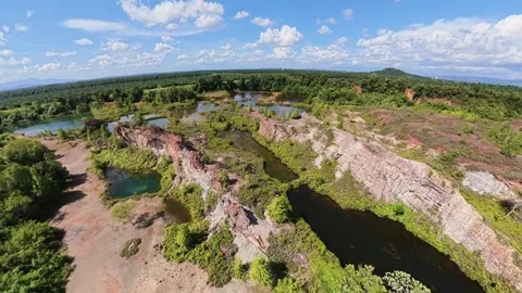 Fisheye Aerial Drone Panoramic View Over Rocky Quarry Lakes 動画素材 344817124