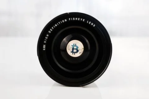 Fisheye bitcoin coin Stock Photos