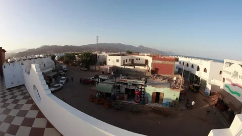 Fisheye lens view on a square in Dahab. South Sinai, Egypt Stock Footage 82983872