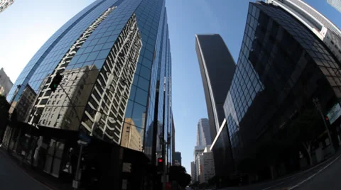 Fisheye tracking shot down town Los Angeles Stock Footage 39354205