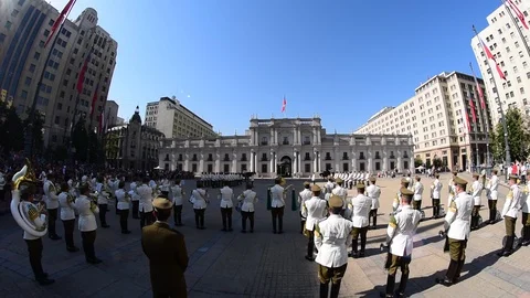 A fisheye view of the Changing of the Guard at La Moneda Palace in Santiago, Chi Stock Footage