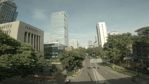 Fisheye view from the train window with the Jakarta Cityscape and train station. Stockbeeldmateriaal 152986582