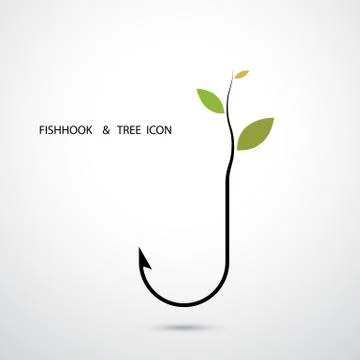 Fishhook Logo and Small Tree Icon.Plant Growing on Fishhook Icon.Green Eco En Stock Illustration