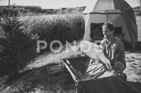 Fishing adventures, carp fishing Stock Photos