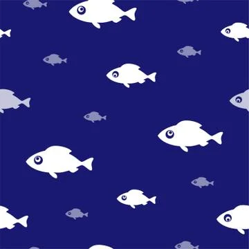Fishing background. Seamless pattern with funny white fish on blue. Vector il Stock Illustration