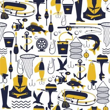 Fishing background. Seamless pattern of icons. 스톡 일러스트