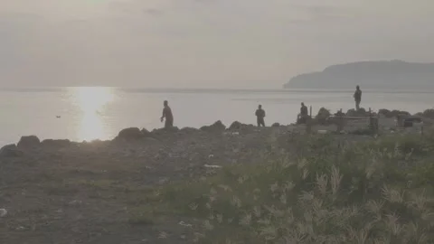 Fishing on the beach in the morning Stock Footage 247041138