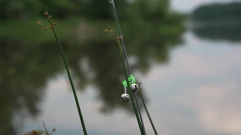 Fishing Bite Alarm Bell Attached to Rod Tip by Pond Stock Footage 340837219