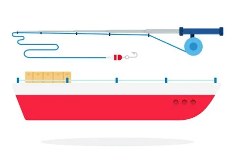 Fishing boat and spinning vector flat isolated Stock Illustration