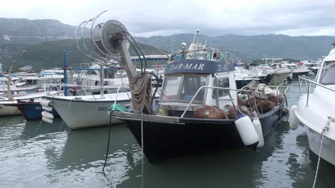 Fishing Boat Budva Zoom In Stock Footage
