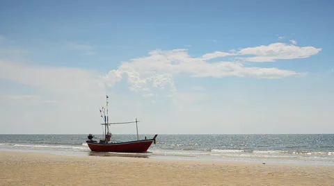 Fishing boat at coast. Stock Footage 43380880