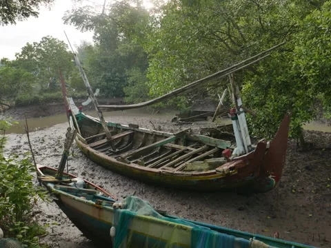 Fishing Boat Empty Abandoned Ashore Grounded Beached Banyuwangi Riverbank Delta Stock Footage 314685487
