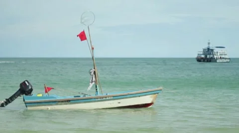 Fishing Boat Floating in Ocean Stock Footage 8577597