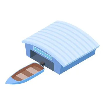 Fishing boat icon isometric vector. Wooden boat with outboard engine near garage Stock Illustration