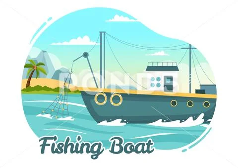 Fishing boat. Commercial fishing trawler for fishery industrial of seafood  production vector illustration. Small marine ship, sea or ocean fish boat  set. Stock Vector