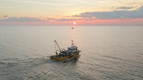 Fishing Boat Sea Backdrop Setting Sun Timelapse Stock Video