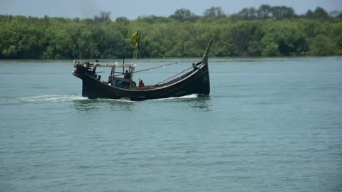 Fishing Boat Moving Fast on River Toward Bay of Bengal Coxs Bazar Bangladesh Stock Footage 331987604