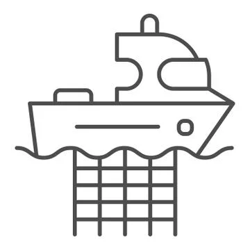 Fishing boat with nets thin line icon. Commercial fishing vessel vector Stock Illustration