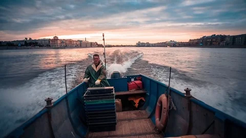 Fishing Boat On The Neva River Stock Footage