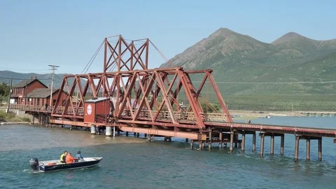 Fishing Boat Passes Under Train Railway Bridge Yukon Alaska Travel Stock Footage 80737835