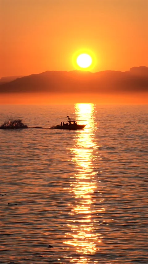 Fishing Boat Passing Across False Bay at Sunrise, South Africa.vertical Stock Footage 340160282