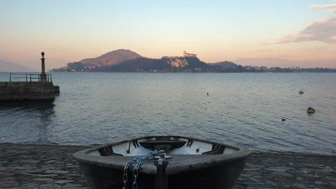 Fishing boat pulled out of Lake Maggiore at sunset, Italy Stockbeeldmateriaal 278956959