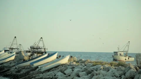 Fishing boat returns to the dock with prey Stock Footage 68177963
