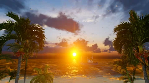 Fishing boat sailing camera fly trough palm trees Stock Footage 229843812