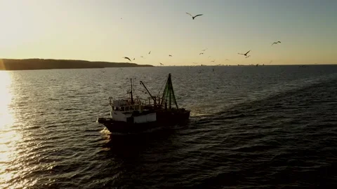 A fishing boat in the sea at sunset Stock Footage 148559747