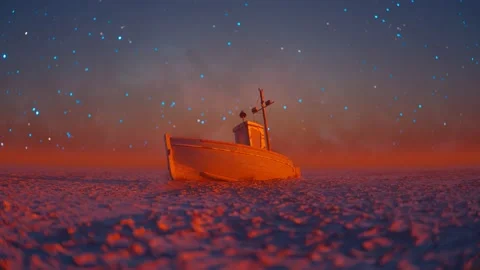 Fishing boat stranded on a dry lake bed caused by global warming. Starry night. Stock Footage 201229028
