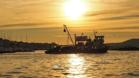 Fishing boat sunset Stock Footage 87198377