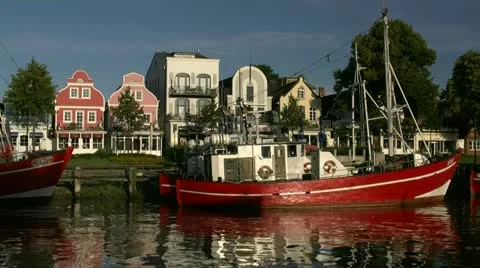 Fishing Boats on Alter Strom in Warnemünde (Rostock) - Baltic Sea, Germany Stock Footage