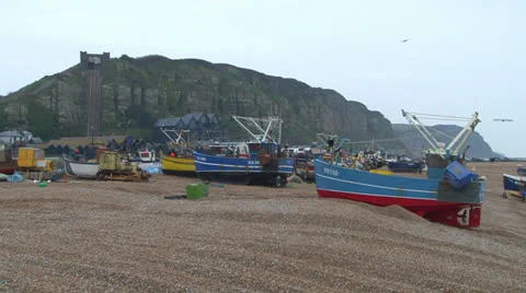 Fishing Boats on Beach Stock Footage 23840662