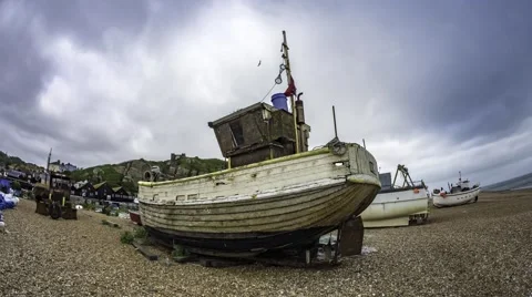Fishing boats on the beach Stock Footage 64011972