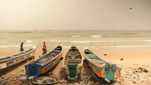 Fishing boats on beach in Senegal, Africa. Stock Footage 90766511