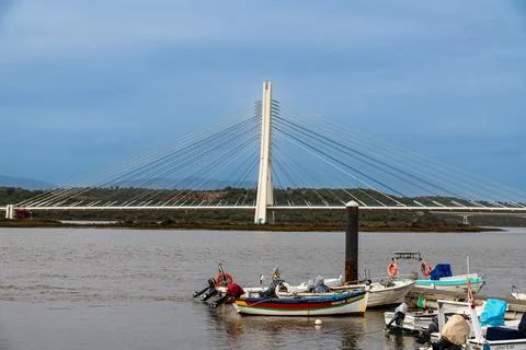 Fishing Boats Below Cable Stayed Bridge on River Stockfoto's