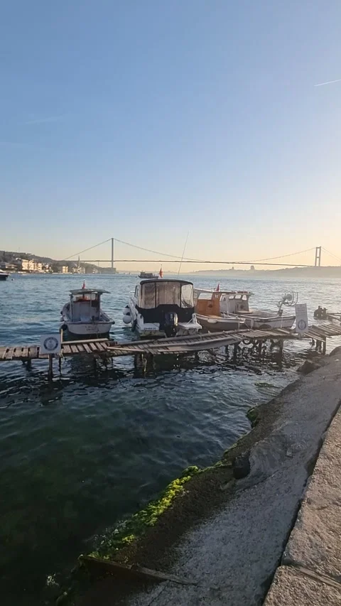 Fishing boats docked on the Bosphorus Strait Stock Footage 344660949