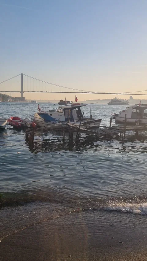 Fishing boats docked on the Bosphorus Strait Stock Footage 344675309