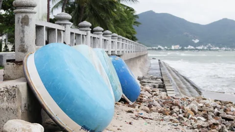 Fishing boats drying on the shore. Video stock 293760958