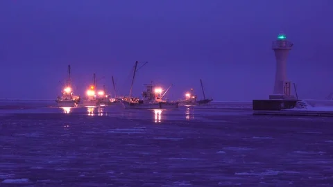 Fishing boats, Hokkaido, Japan Stock Footage