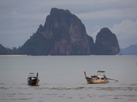 Fishing Boats Limestone Cliffs Stock Footage 69385690