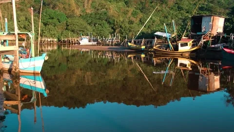Fishing boats on the river Stock Footage 138584318