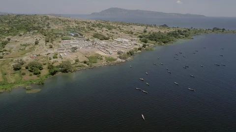 Fishing boats off Rusinga Island on Lake Victoria, Kenya, Africa by drone Stock Footage