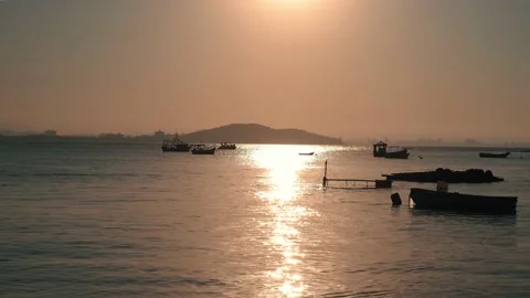 Fishing boats at sunset Stock Footage 138540716