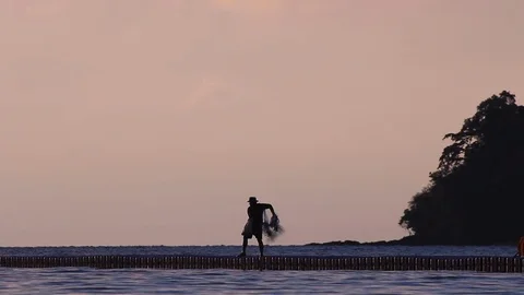 Fishing on bridge at sunrise. Stock Footage 70880344