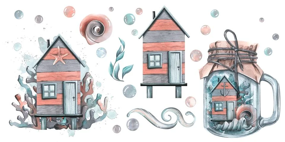 Fishing cabins with shells, corals, algae and bubbles. Watercolor illustration Ilustración de archivo