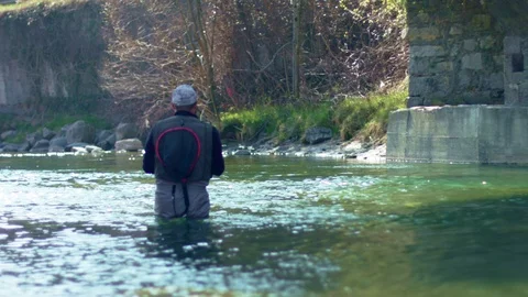 Fishing in calm water stream Видео 106942551