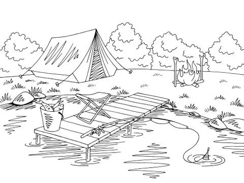 Fishing camping graphic black white landscape sketch illustration vector Stock Illustration