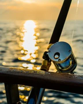 Fishing charter fishing gear on a boat on the ocean Stock Photos