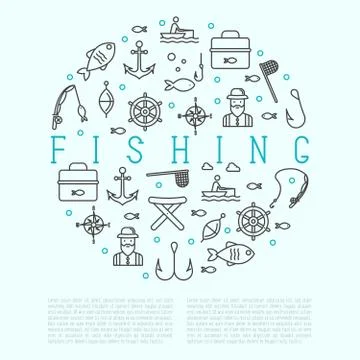 Fishing concept in circle with related thin line icons: fisherman, hooks Illustrazione stock